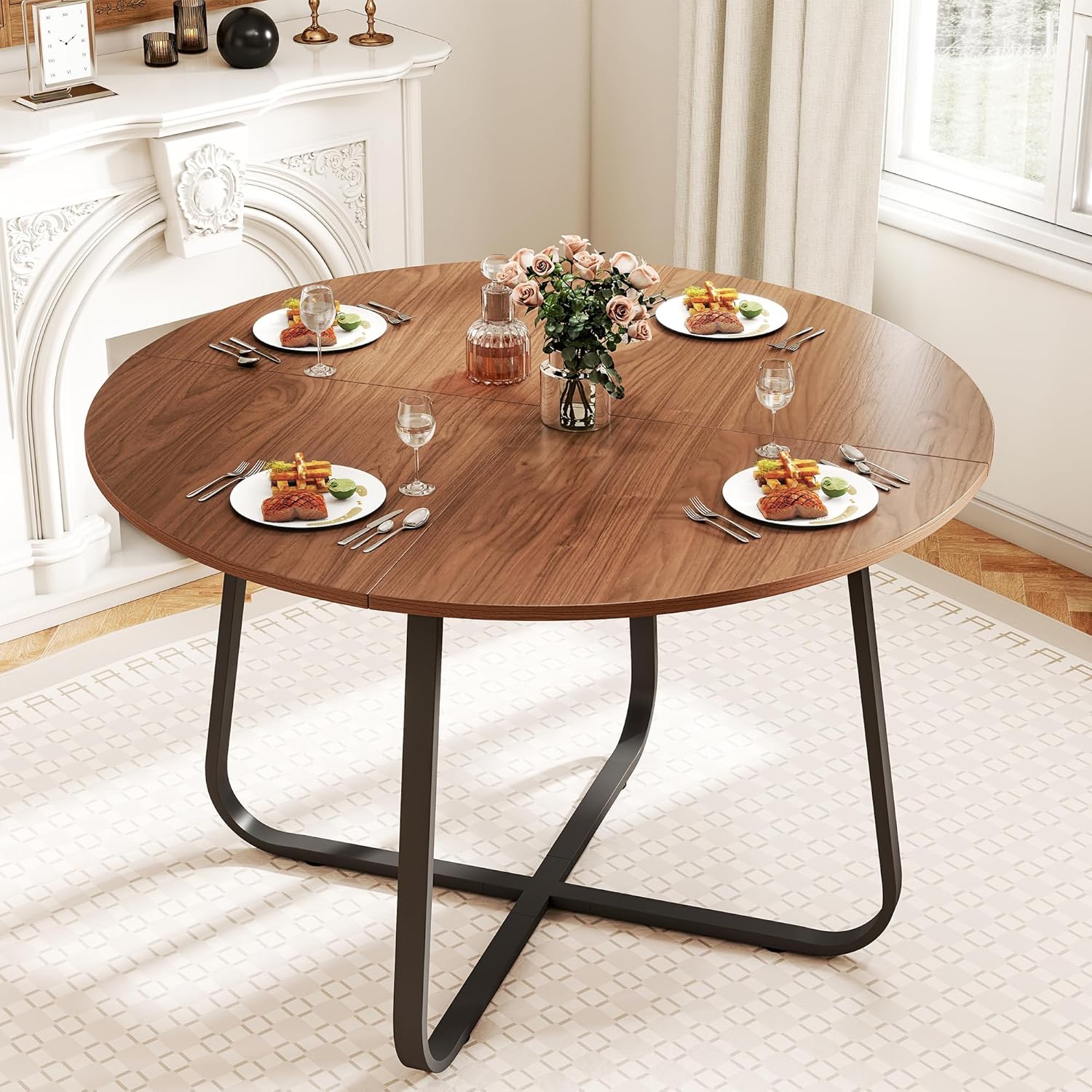 Table de salle à manger ronde 120 cm en bois marron noyer moderne pour cuisine, salon, Marron/Noir – Suuiwau, salle à manger, terrasse, cour, café