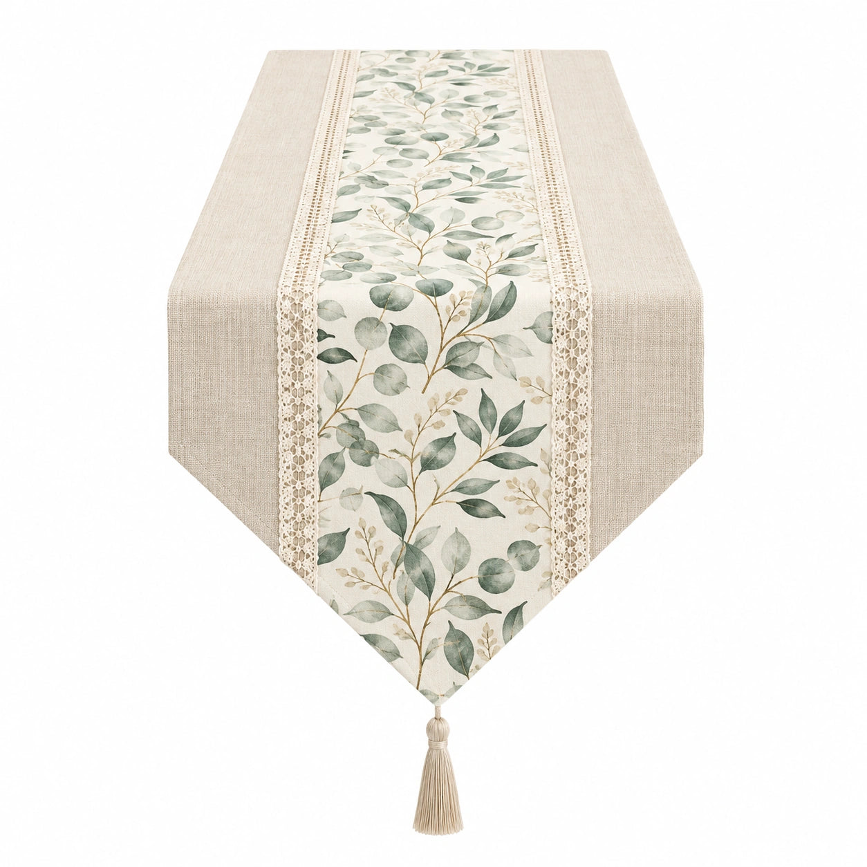 Chemin de table élégant avec feuilles vertes et bordure en dentelle