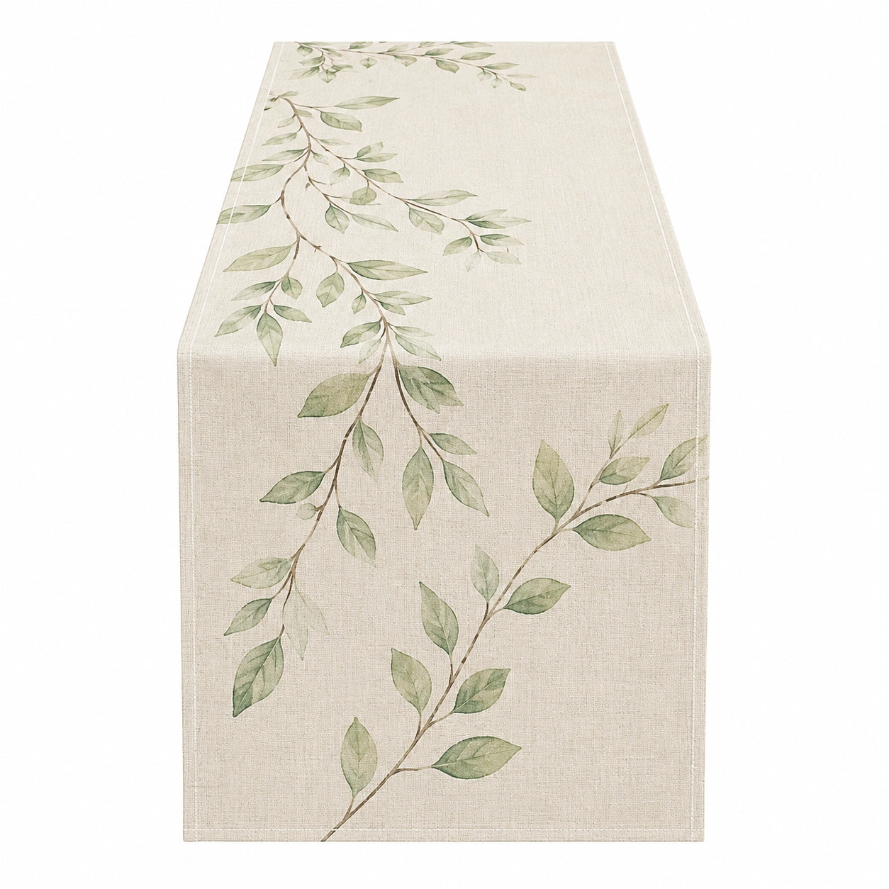 Chemin de Table en Lin avec Motif Feuilles Ivoire et Vert