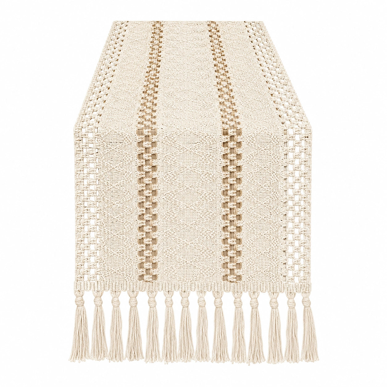 Chemin de table en macramé beige avec franges 180x30 cm