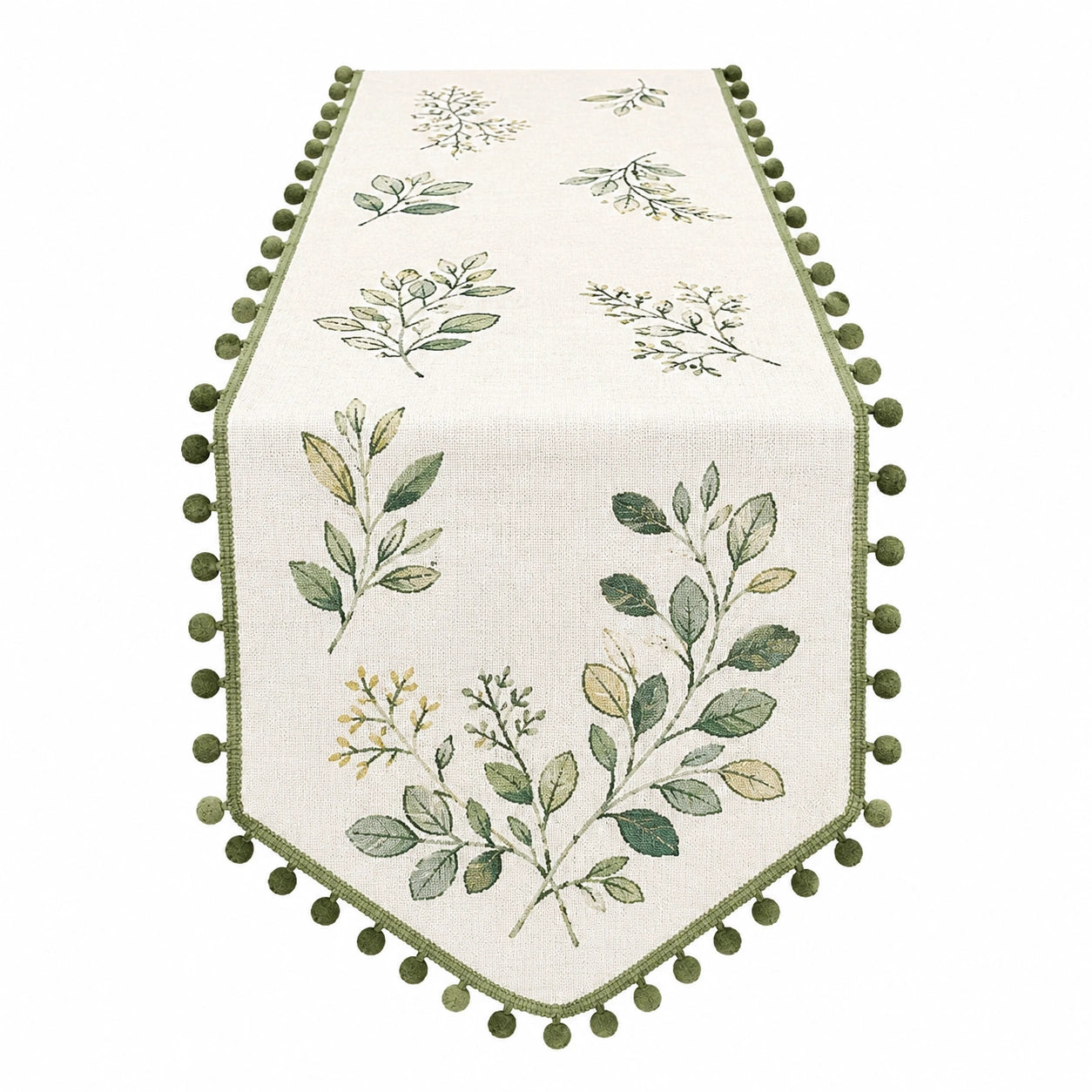 Chemin de Table Motifs Feuillage Vert avec Pompons
