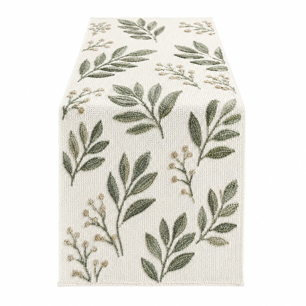 Chemin de Table Brodé à Motif Feuillage Vert et Beige