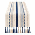 Chemin de table rayé avec franges, bleu et crème