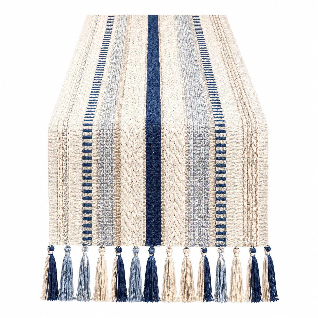 Chemin de table rayé avec franges, bleu et crème