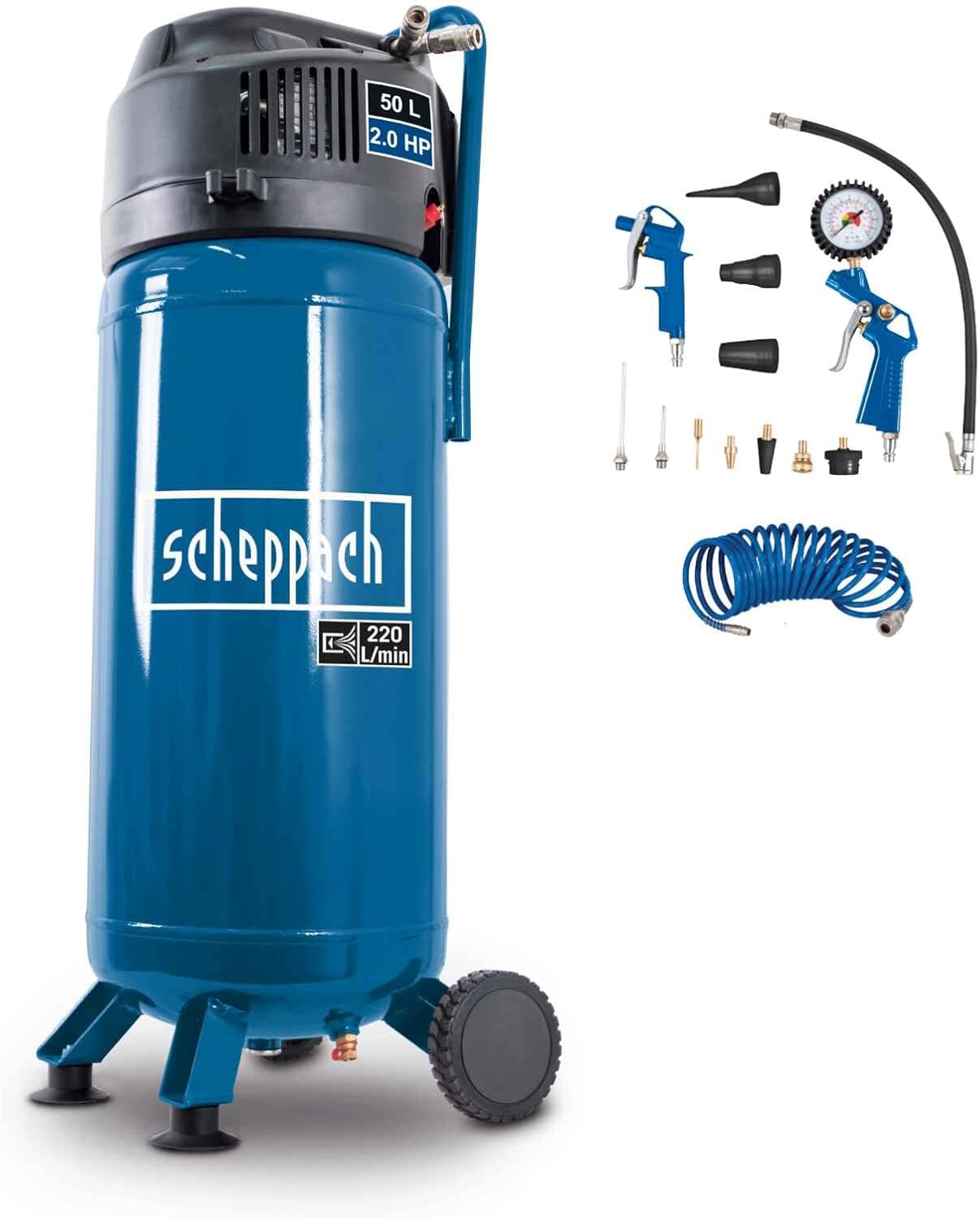 Compresseur d'air, Moteur puissant 1500 W, Sans huile – Scheppach, Bleu/Noir, Cuve de 50 L, aspiration 220 L/min, 10 bar