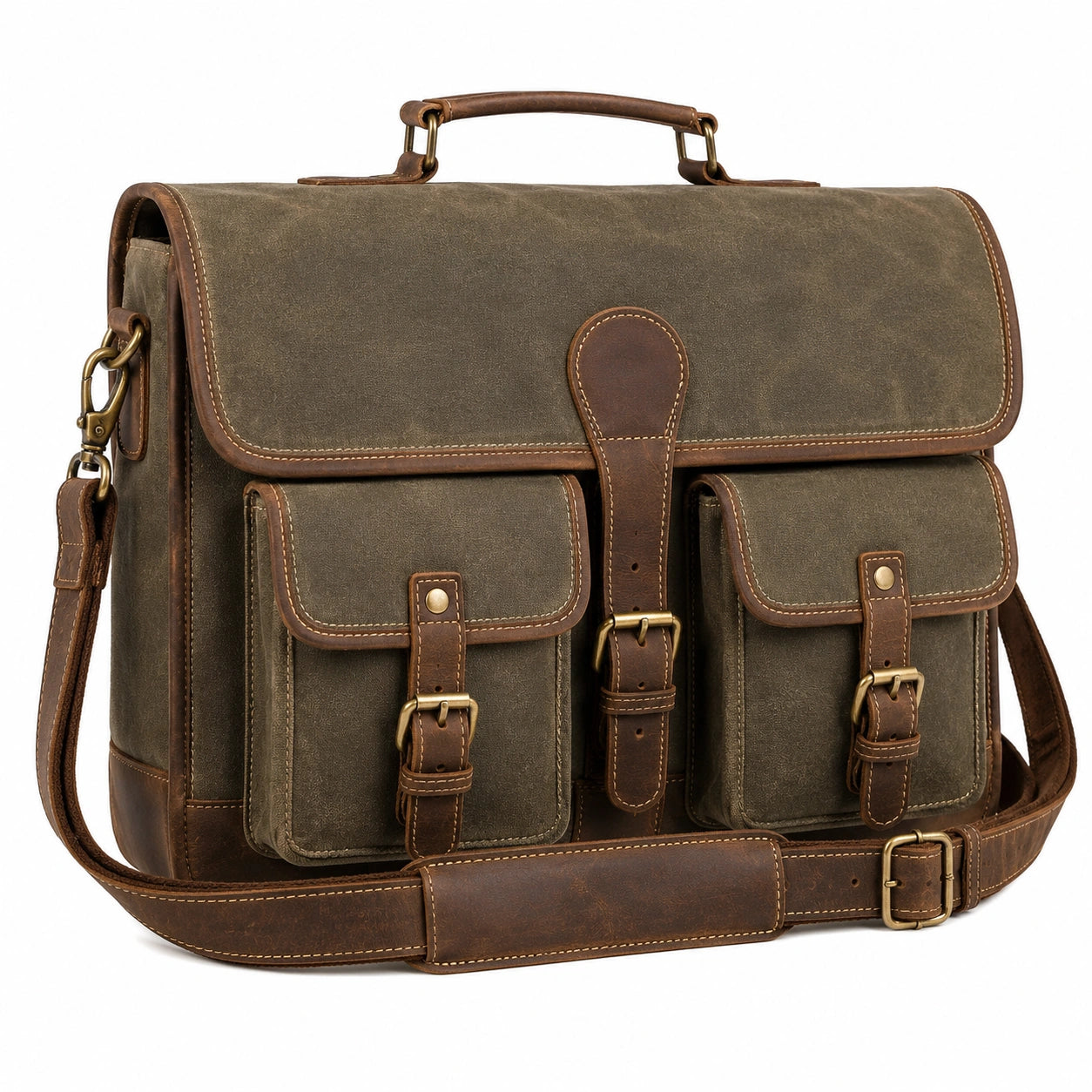 Sacoche Vintage en Toile pour Homme - Kaki et Marron