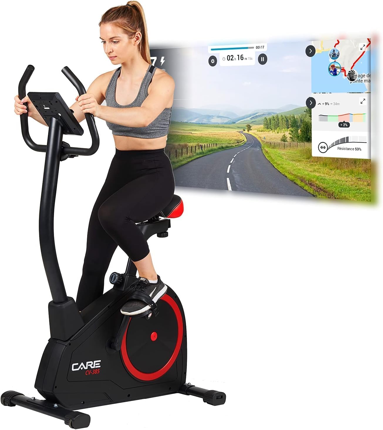 Vélo d'appartement, 24 Programmes, Compatible avec l'application Kinomap – CARE FITNESS, Noir/Rouge, Port USB Noir