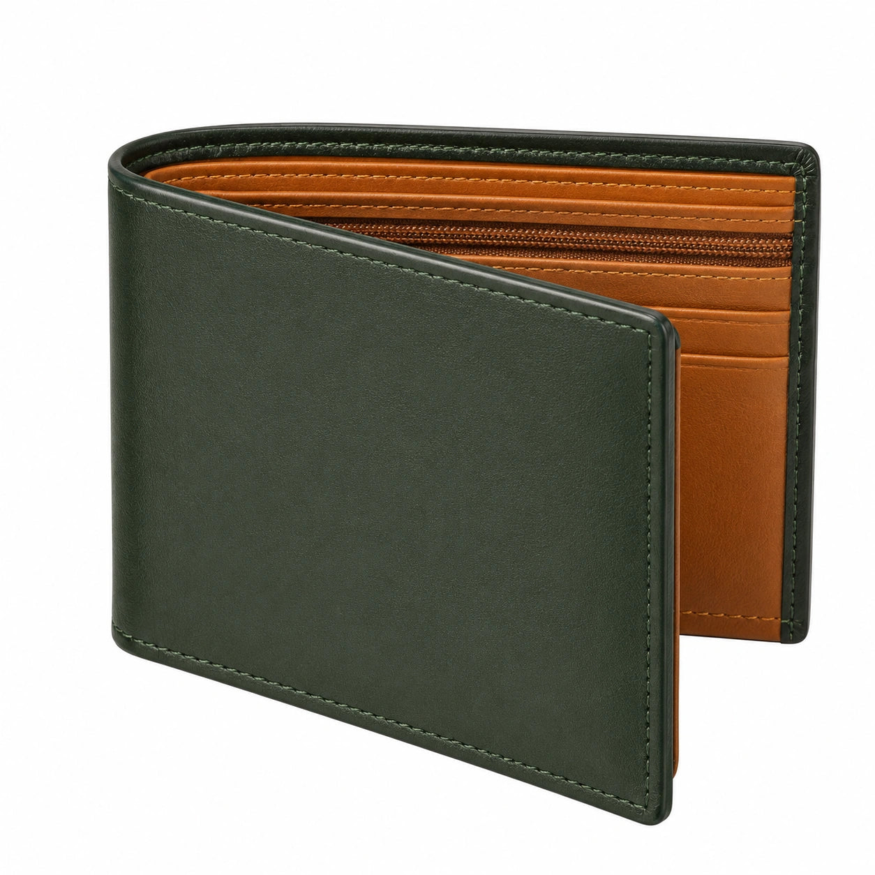 Portefeuille pli vert et orange avec poche zippée
