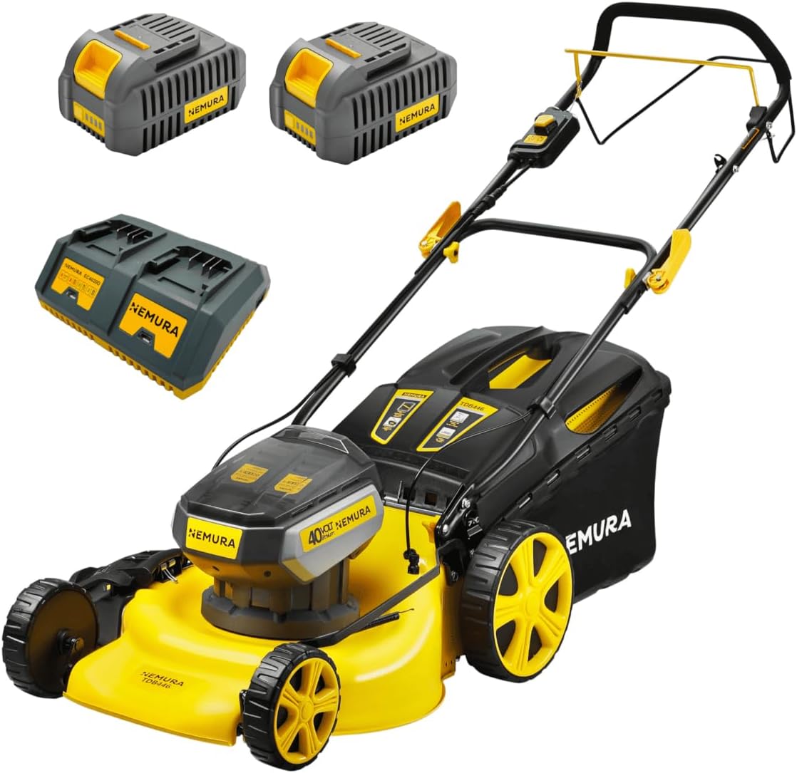 Nemura Tondeuse Autotractée à Batterie 80 V, - Coupe 46 cm, Livrée avec 2 Batteries 4Ah et 2 chargeurs, Jaune/Noir/Gris, 2x40V