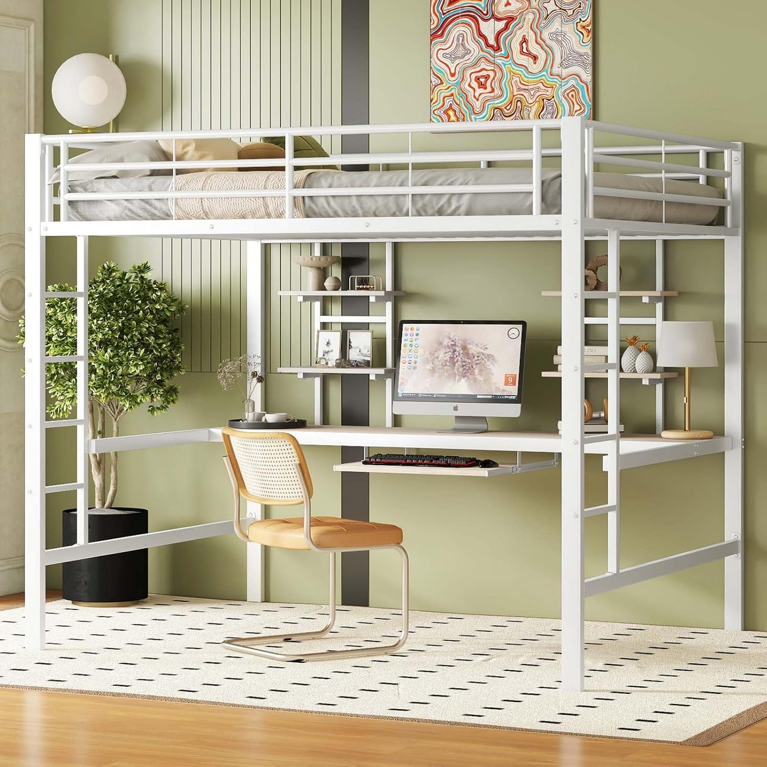Lit, 140x200cm avec Bureau – PUGSDRLY, Cadre de Lit en Fer Blanc, Plateau pour Clavier et Deux Étagères, pour Enfant, Adolescent et Adulte