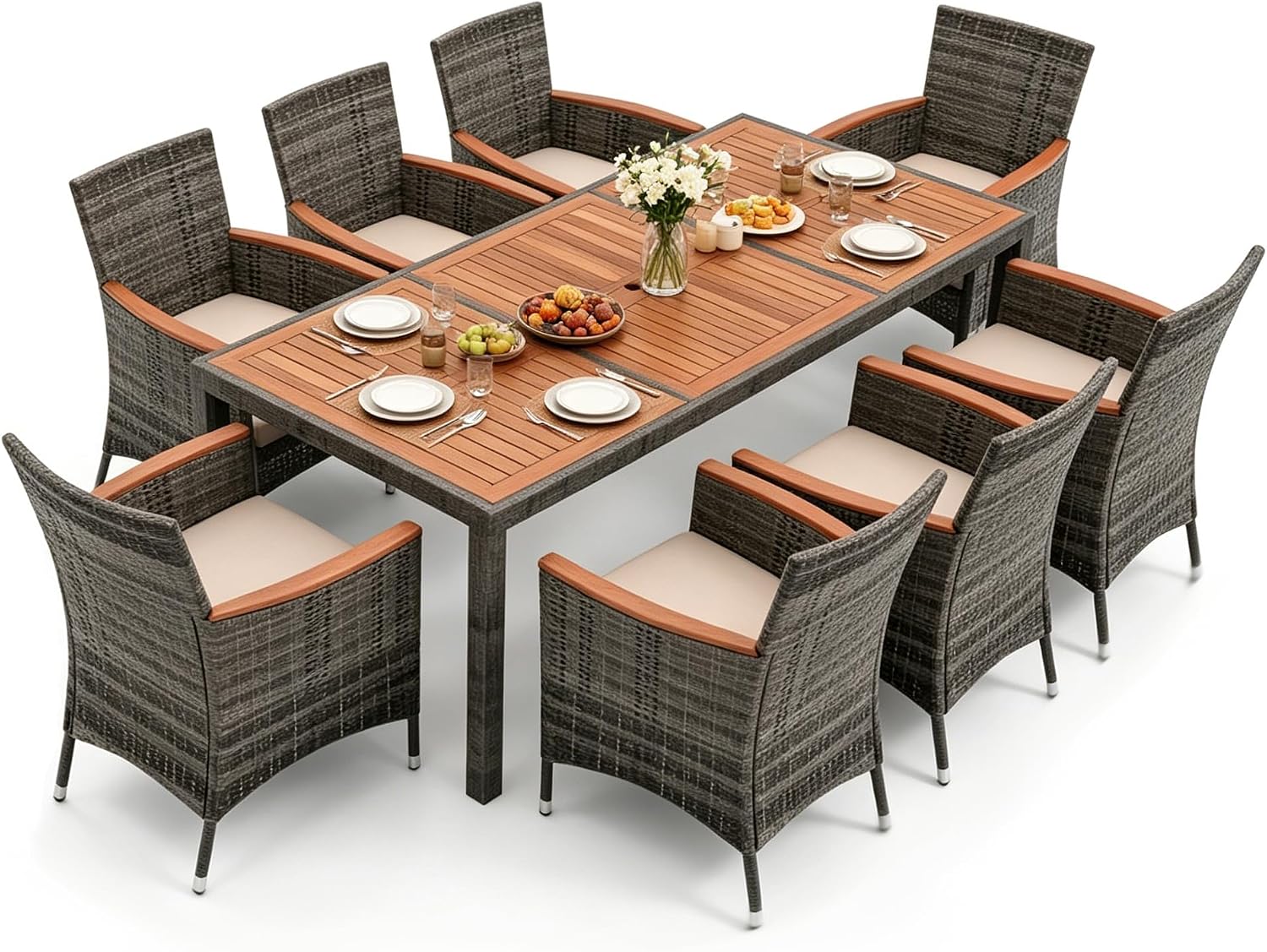 Ensemble salle à manger, Table de Jardin Extérieure avec 8 Chaises – GIANTEX, Gris/Marron/Beige, Gris, Coussins, Trou de Parasol, Pieds Réglables