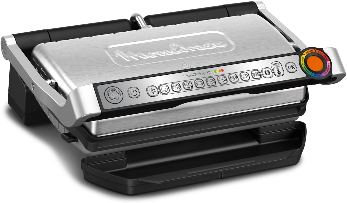 Plancha, indicateur de cuisson et 9 programmes automatiques – Moulinex, Argent/Noir, du poisson et des légumes, GI722D, plaques antiadhésives