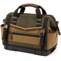 Sac à outils vert et marron avec poignées et bandoulière