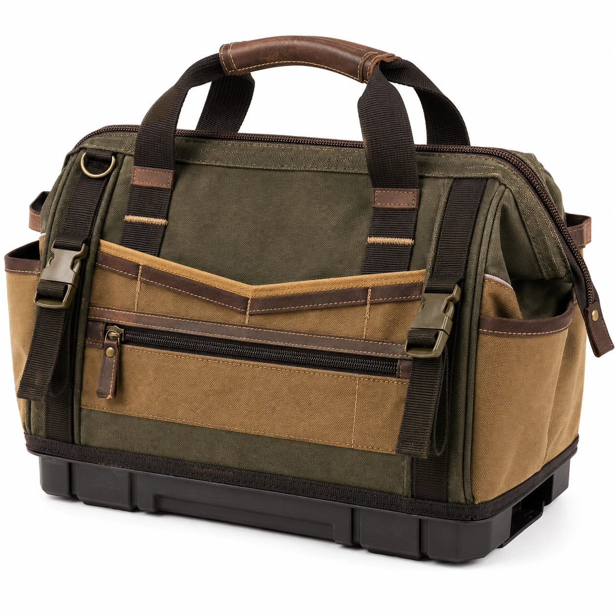 Sac à outils vert et marron avec poignées et bandoulière