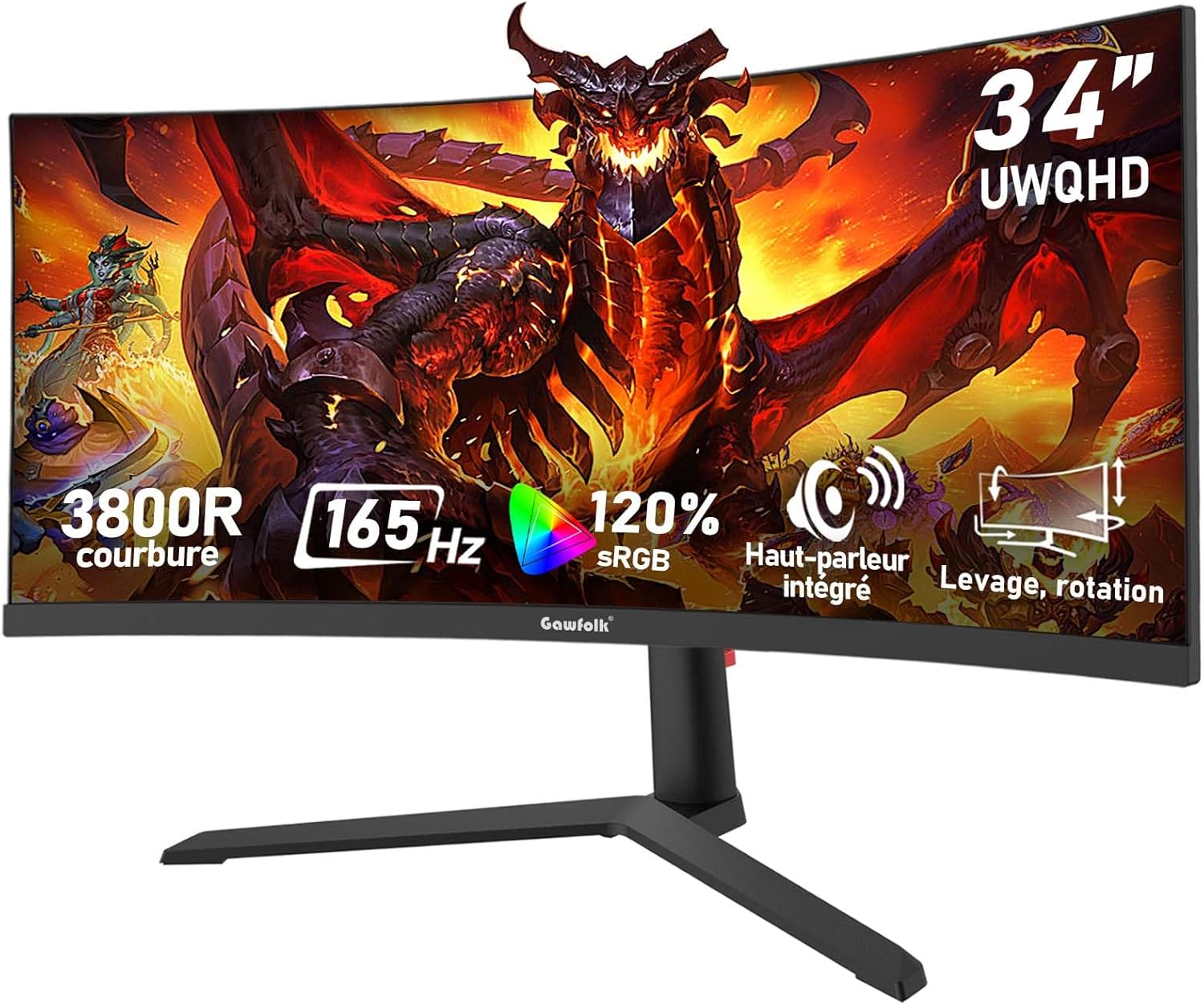 Écran PC, Moniteur 3800R 21:9 UWQHD, Réglable en Hauteur – Gawfolk, 3440x1440, 120% sRGB, 1 ms, Haut-parleurs Intégrés-Noir, HDMI