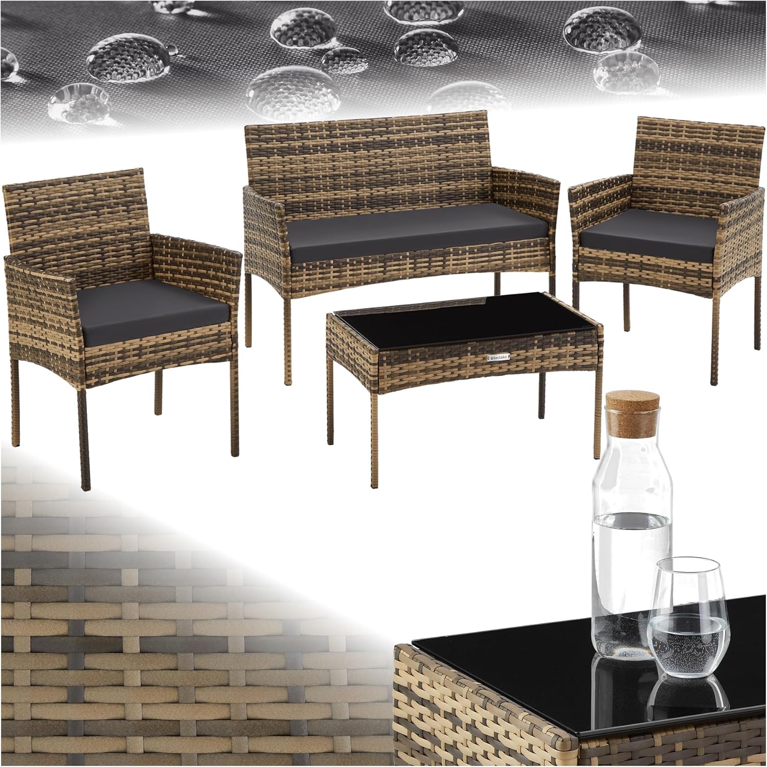Salon de jardin, Mobilier de Jardin pour Amenagement Balcon Terrasse Veranda – tectake, Brun/Noir, Coussins Inclus