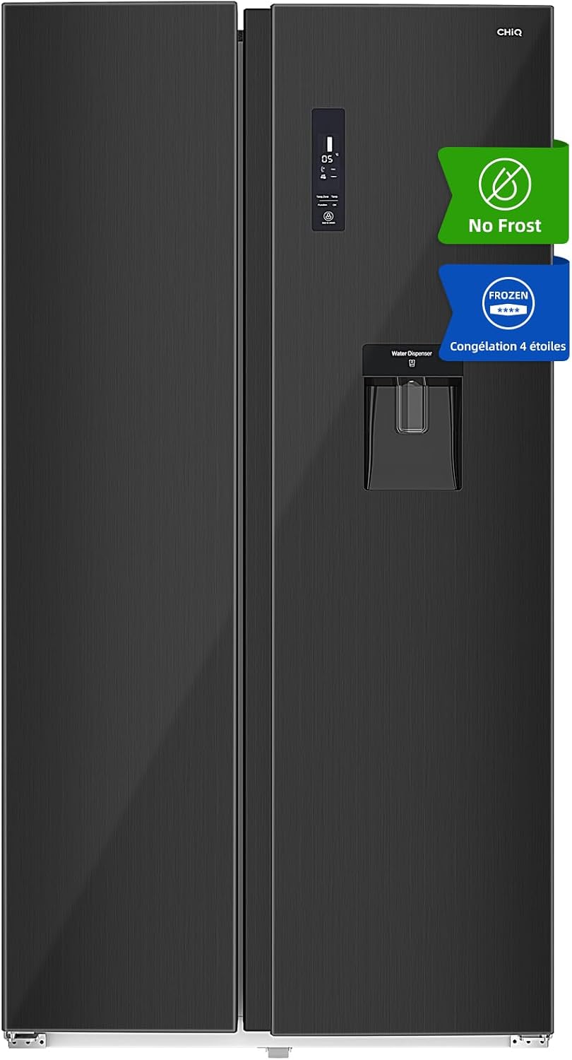 CHiQ FSS559NEI42D Réfrigérateur américain 559 L Total No Frost, 39 dB, distributeur d'eau 5,5 L, noir inox, classe E