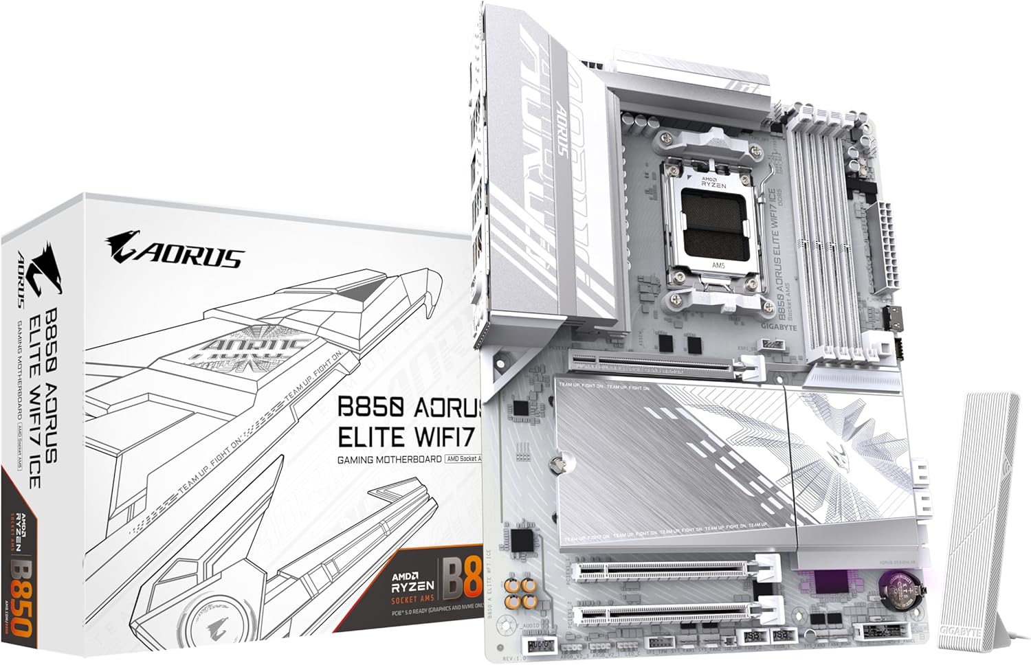 B850 AORUS Elite WIFI7 Ice Carte Mère, WiFi 7 – GIGABYTE, Blanc/Gris, USB 3.2 Gen 2x2, AMD Ryzen 9000 Series CPUs, VRM numérique 14+2+2 Phases