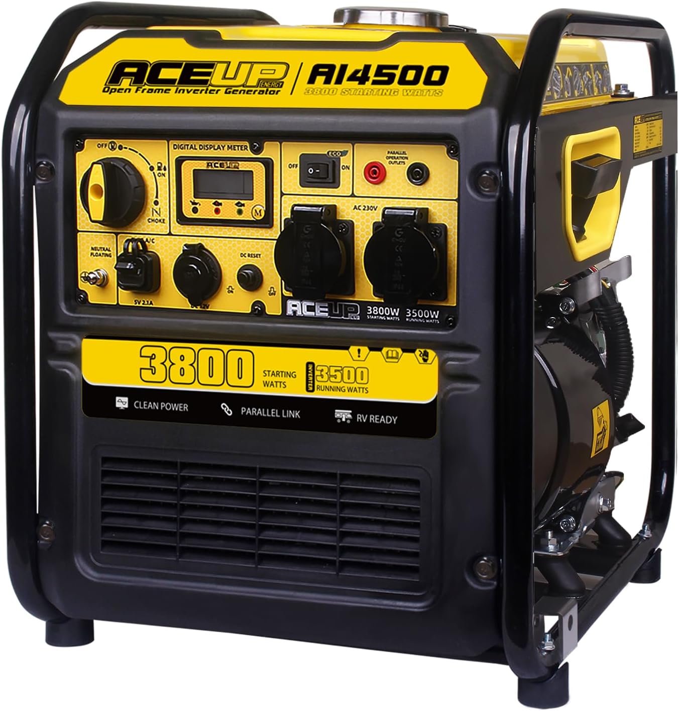 Aceup Energy, Générateur portable, Groupe électrogène à inverseur 3800W avec générateur à essence 230V 12V pour pannes de, Noir/Jaune