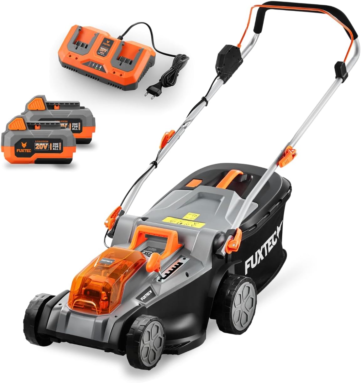 Fuxtec E2RM43 Tondeuse à Gazon sans Fil 40V, 2x20V, Tondeuse à Gazon Batterie, Gris/Orange/Noir, E2RM43 Set Batteries et Chargeur