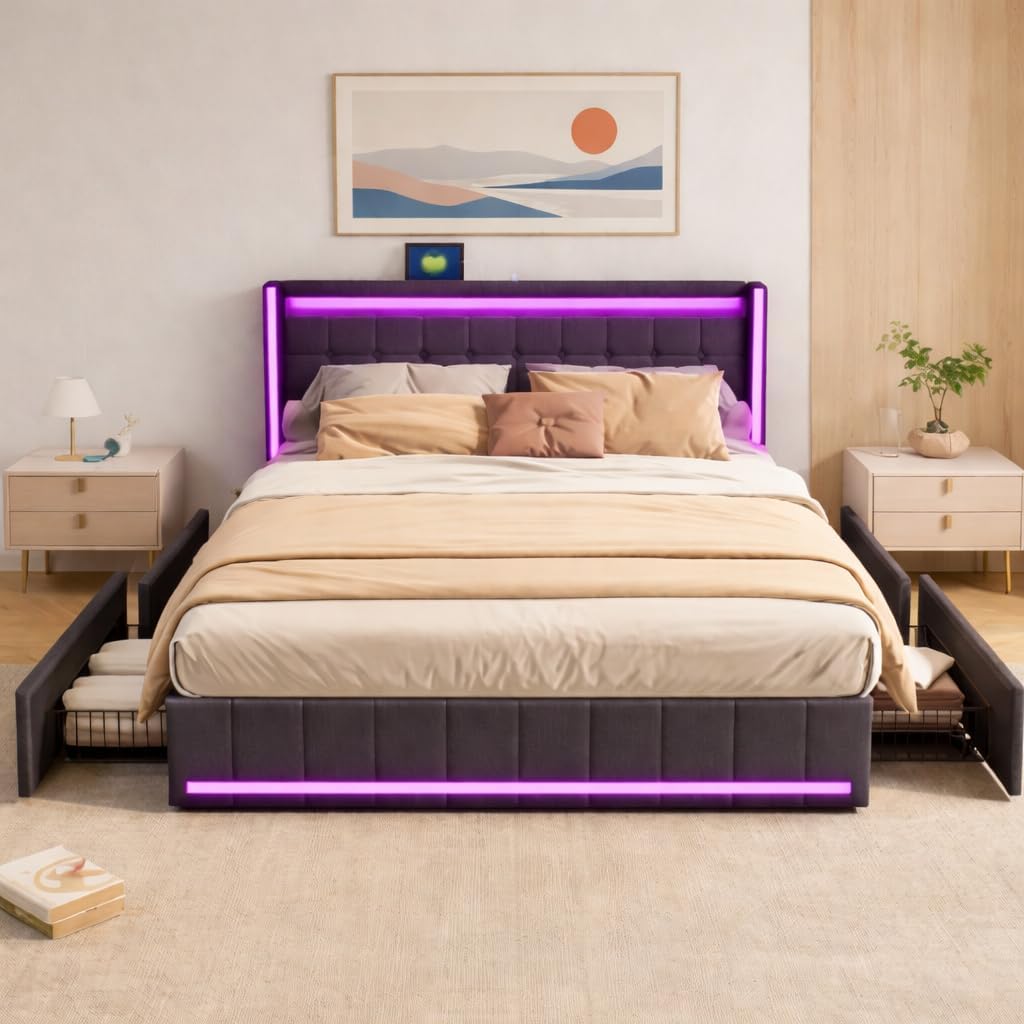 cadre de lit Coffre avec Rangement, Lit Rembourré 140x190 cm, Lit 140x190 avec Sommier LED et USB et Type-C, pour Adultes et Adolescents