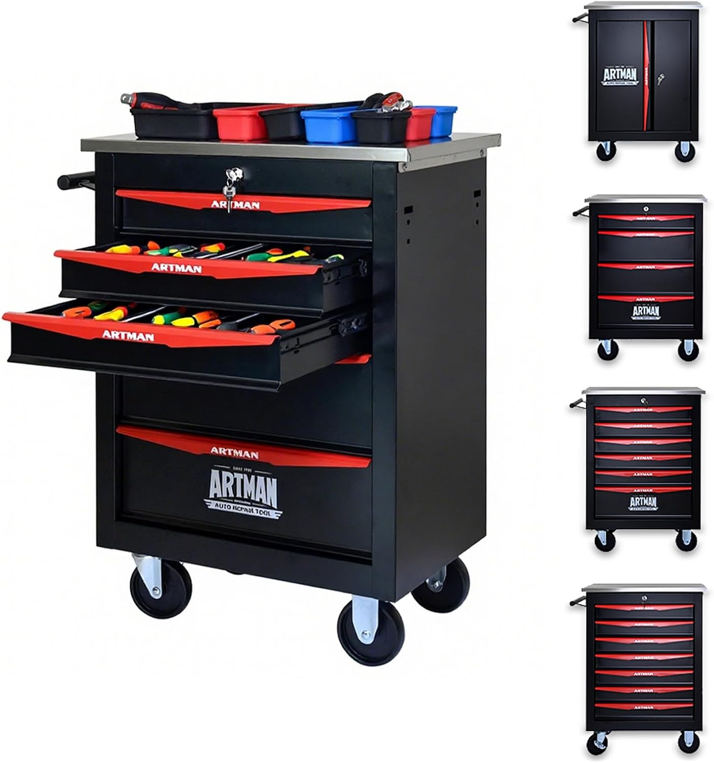 ELIHGTBY Chariot d'Outils Robuste sur roulettes, Servante d'Atelier Vide à 5 Tiroirs, Établi Mobile avec Verrouillage Centralisé