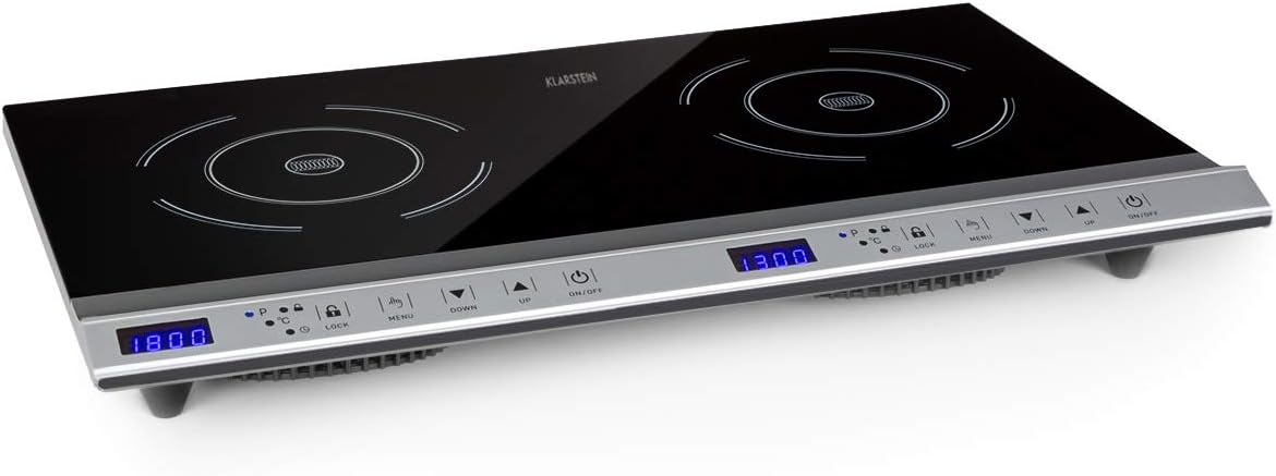 Réchaud, 10 niveaux, Minuterie réglable de 1-180 minutes – KLARSTEIN, Noir/Argent, 200-1300 watts, 60-240 ° C, Ecran LED, Noir, Table de cuisson