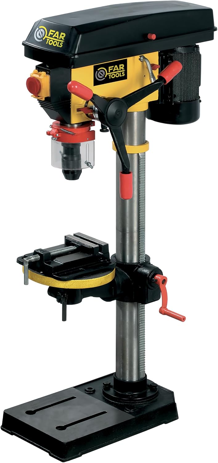 Fartools Perceuse d'établi 750W, 16 vitesses de rotation 180-2770tr/min, Noir/Jaune/Rouge/Métallique, hauteur 1m, col de cygne 180mm, étau 100mm