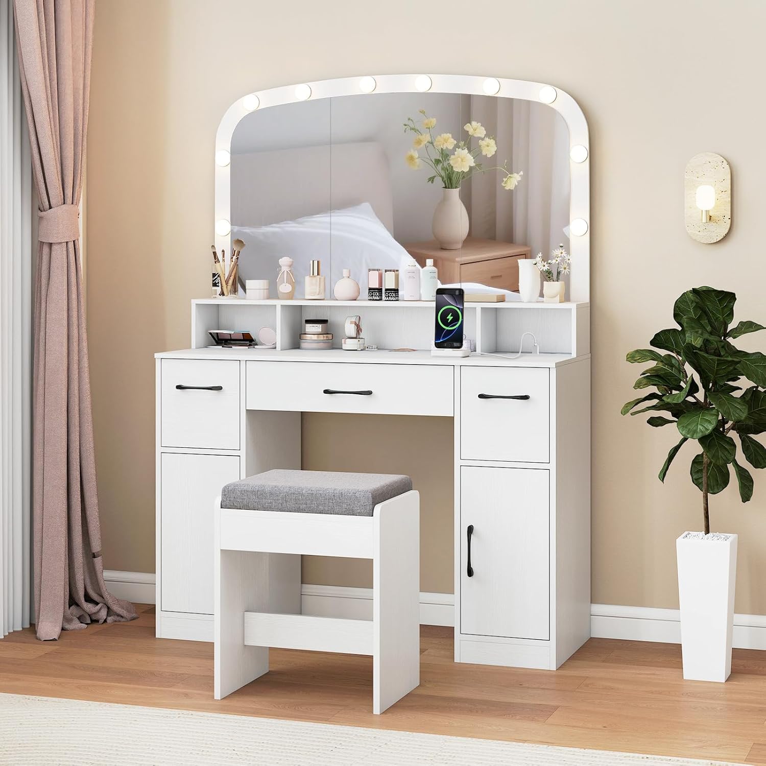 Coiffeuse avec Miroir et Tabouret, Table de Maquillage 108 cm de Large, Coiffeuse avec Rangement, Blanc/Gris – COSTWAY, 3 Compartiments