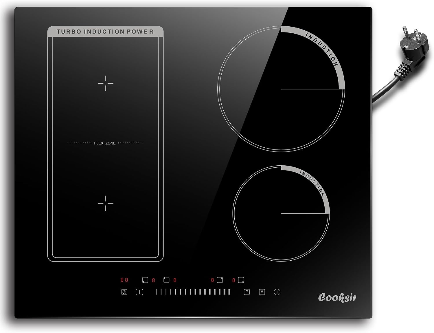 Cooksir Plaque Induction 4 Feux avec Prise, Table de Cuisson Induction Encastrable 60cm, Zone Combinée pour le Gril, Noir
