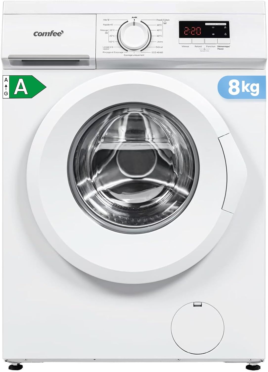 Comfee CFE12EW80 ' CFE12EW80/W-FR Lave-Linge Frontal 8KG, Moteur BLDC 1400 Tr/Min, 15 Programmes, Blanc, Classe énergétique A, Prélavage