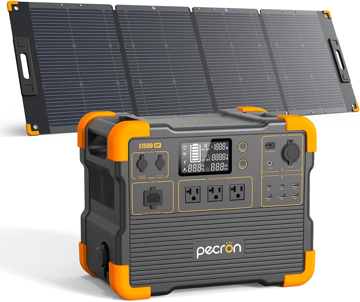 E1500LFP 2200W Générateur solaire, Pour camping, avec batterie LiFePO4 4400W de puissance de pointe – pecron, Noir/Orange, extensible jusqu'à 7680Wh