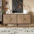 Buffet avec Texture en Relief 160 cm, Noir + Bois, Armoire avec Quatre Portes Poignées Brossées Dorées et Pieds de Table Brillants – WASAGA