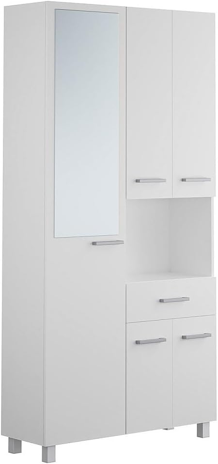 Armoire, Colonne de Salle de Bain avec Miroir sur Pied, 180 cm, Blanc, MINELA – Vente-unique