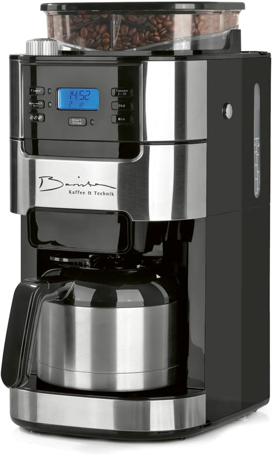 Cafetière, Machine a cafe grain avec broyeur et écran digital – Barista Kaffee & Technik, Noir/Argent, Fonction de minuterie