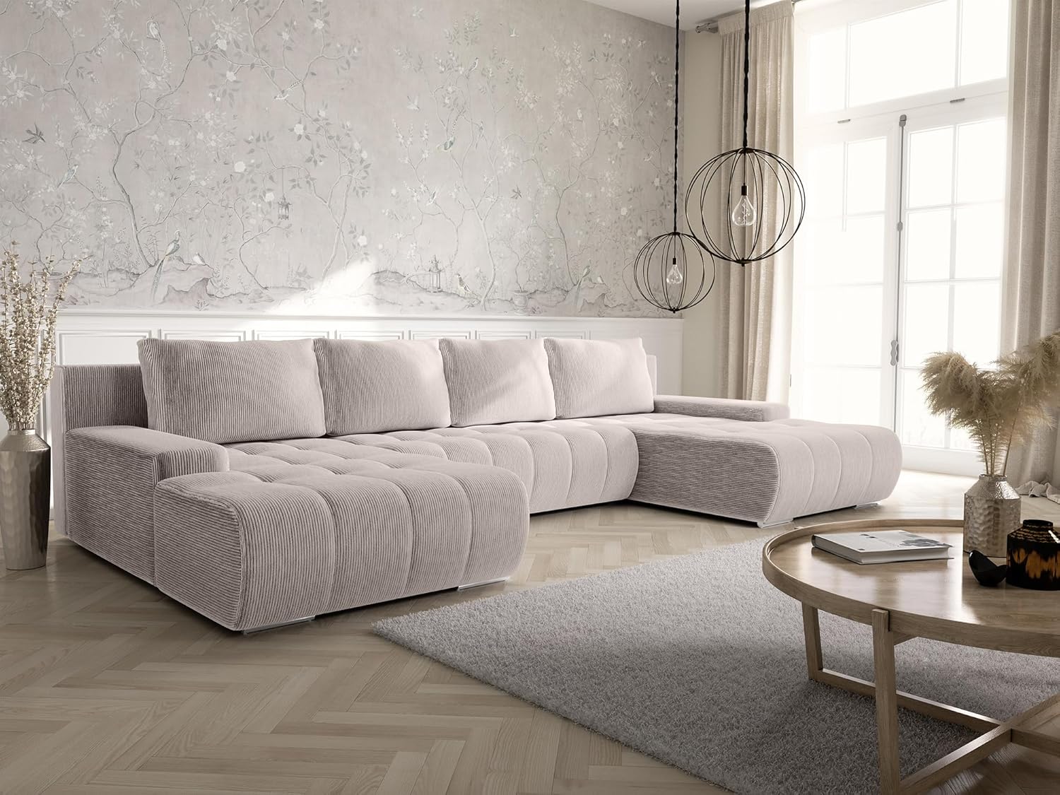 Canapé panoramique Convertible BOLUTI en Velours côtelé avec Coffre de Rangement – Tendencio, Beige