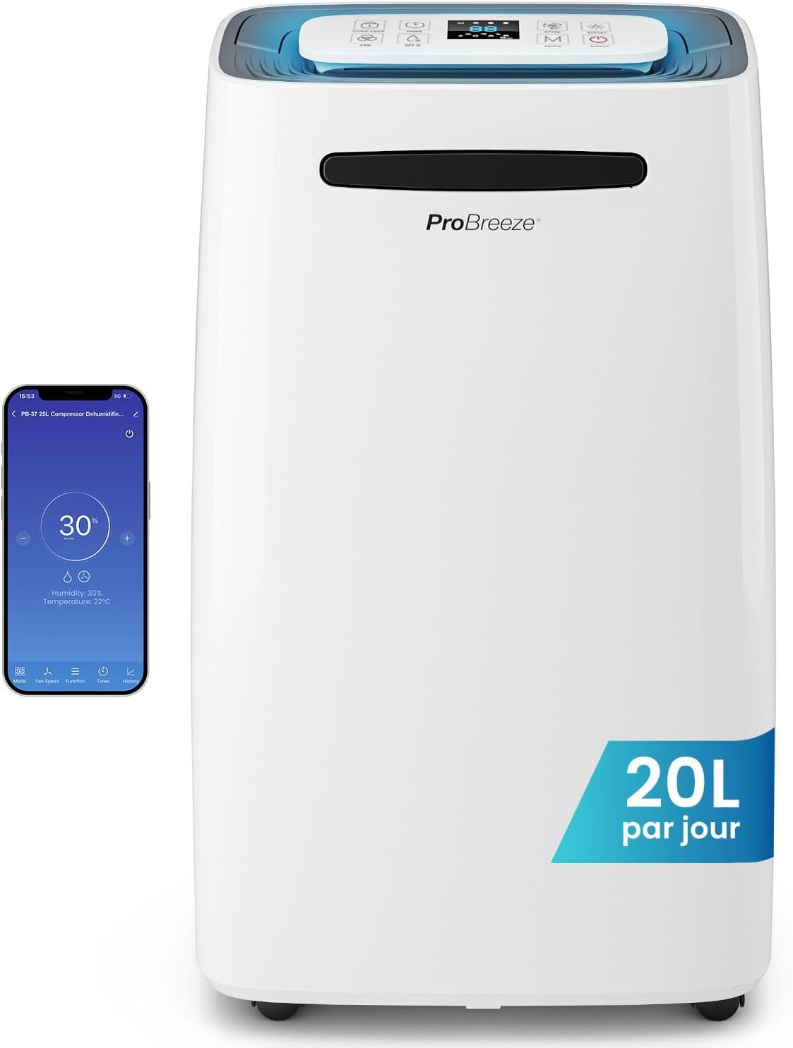 OmniDry Déshumidificateur Compresseur Wi-Fi 20L/Jour avec réservoir d'eau 4L – Pro Breeze, Blanc/Bleu/Noir, Absorbeur d'humidité