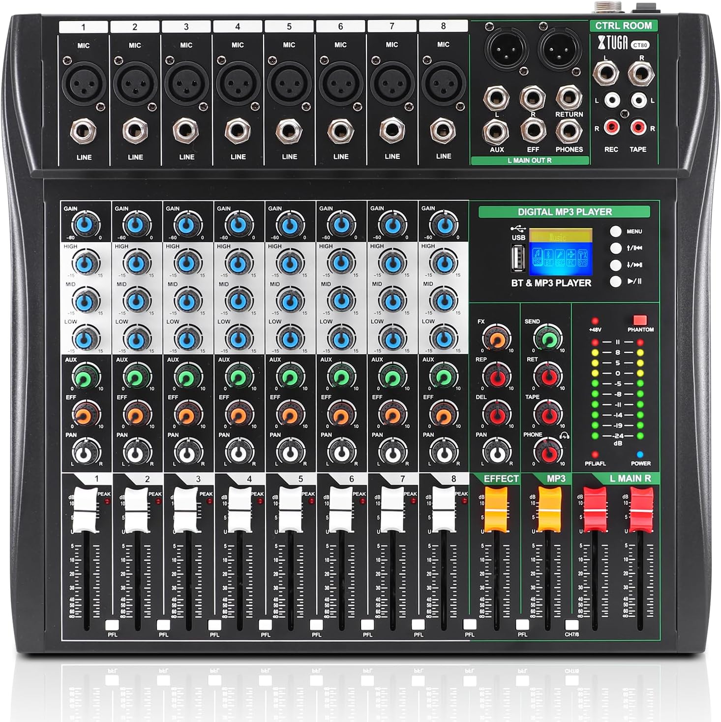 Mixeur DJ, CT80 Table de mixage audio professionnelle 8 pistespour ordinateur, interface audio avec effet numérique – XTUGA