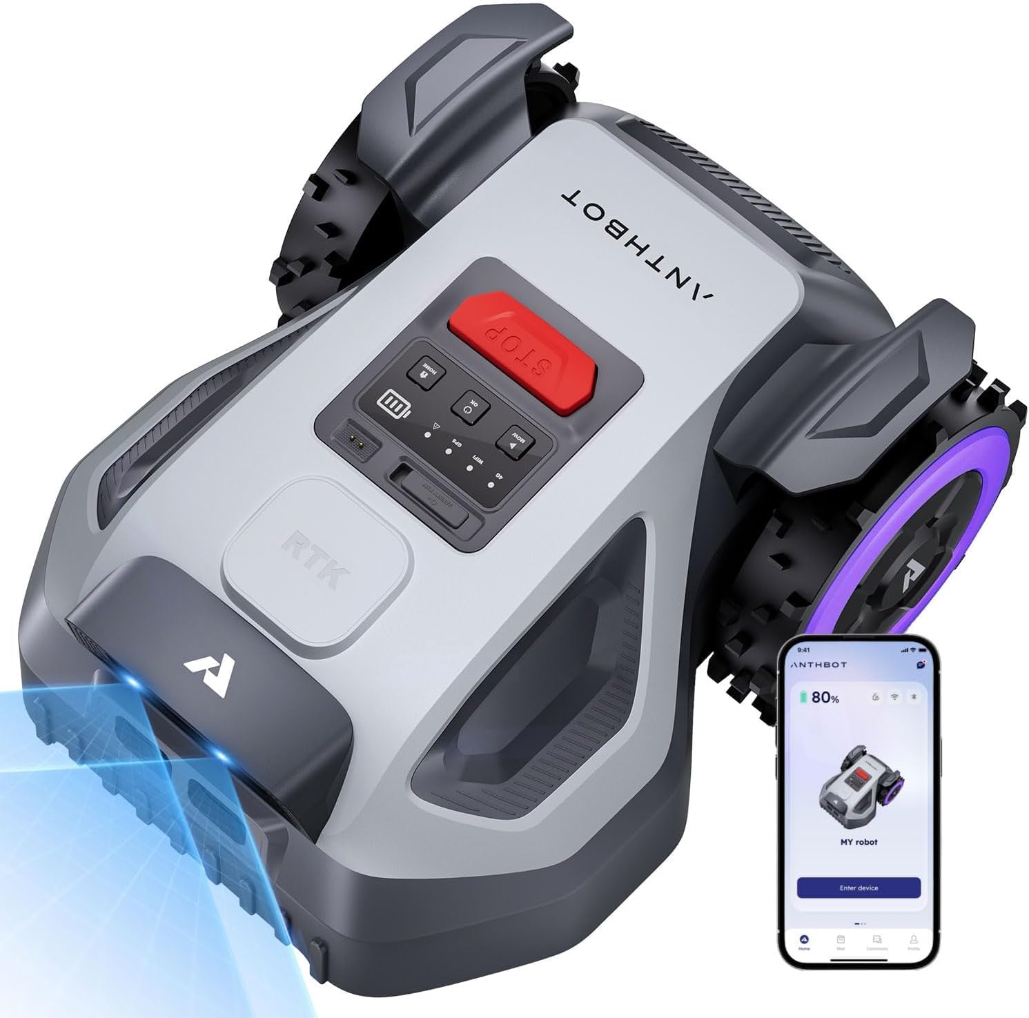 ANTHBOT 3-7CM Robot Tondeuse M5, 500-700m2, 150m2/h, Gris/Noir/Rouge/Violet, NetRTK + 4G, 3-7CM Réglage de la Hauteur de Coupe