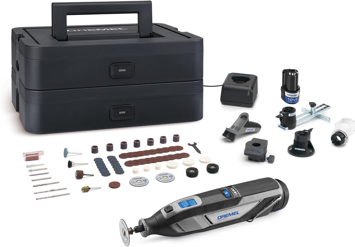 Dremel 8240 5/65 outil multi-usage sans-fil batterie 12V 2Ah, kit outil multi-usage avec 2 Batteries, Noir/Gris/Bleu, 5 Adaptations