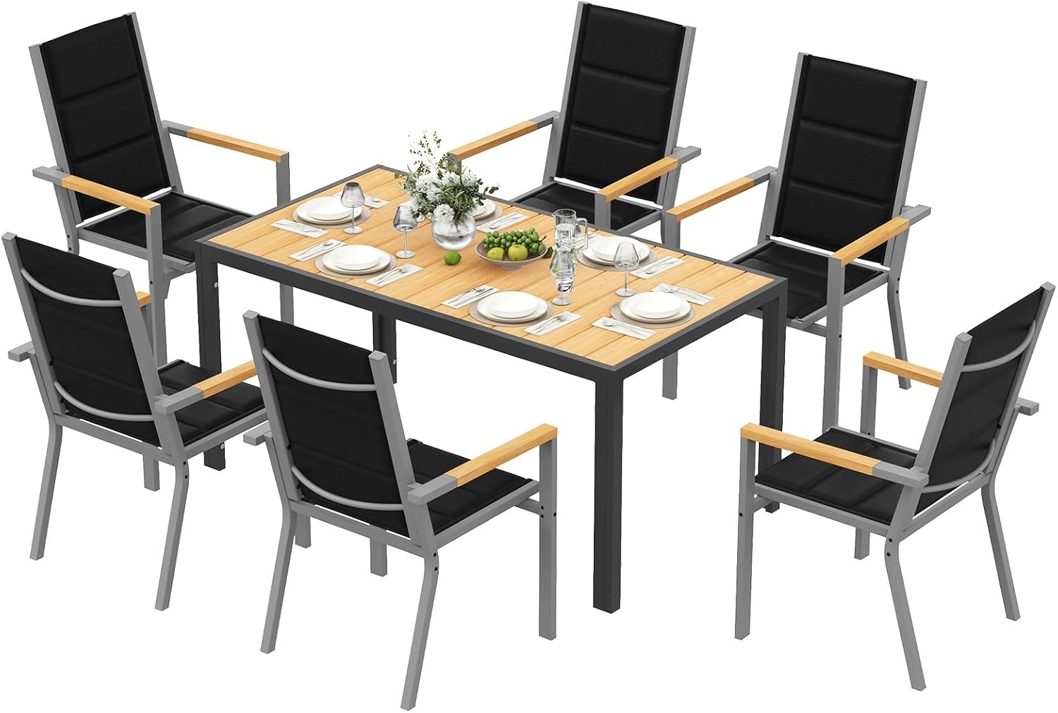 Devoko, Salon de Jardin Exterieur 6 Personnes, HDPS Table de 150 cm et 6 Chaises Empilable d'Extérieur en Aluminium Durable, Noir/Marron/Gris