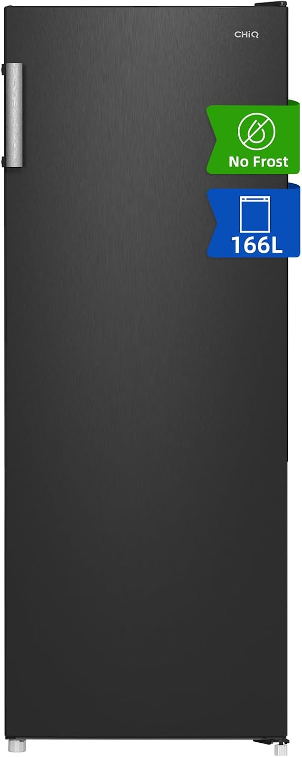 CHiQ Congélateur armoire avec une capacité de 166L, noir Acier inoxydable, Nofrost, portes réversibles, Classe énergétique E
