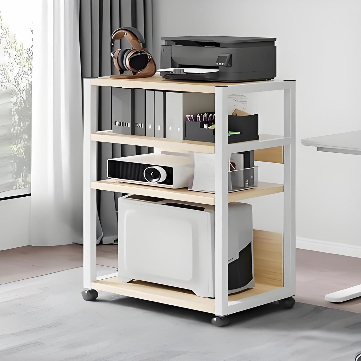 Étagère audiovisuelles, Meuble Rangement Bureau, Armoire De Stockage Multimédia À 2/3/4 Niveaux – Kaverno, Blanc/Beige/Noir, 51*40*94.4cm, Beige