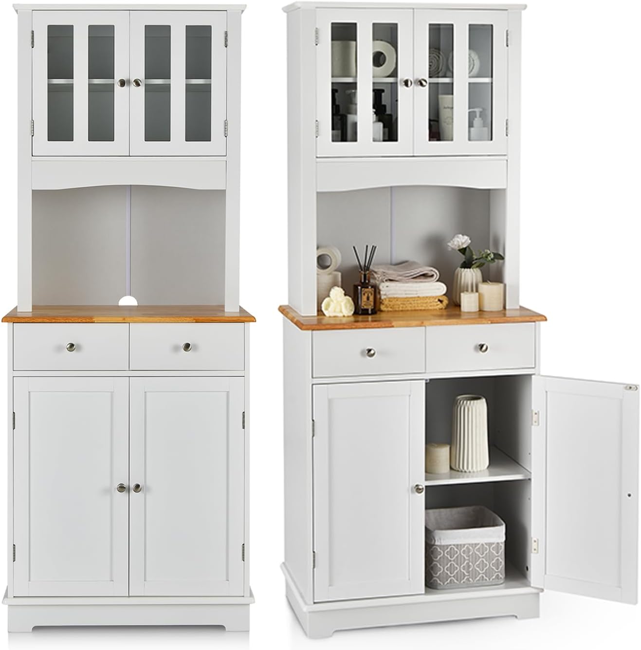 Buffet Cuisine2 Armoires à Portes & 2 Tiroirs, 68, 5 x 40, 5 x 170 cm, Meuble Rangement avec Dispositif Anti-basculement & Étagères réglables, Blanc