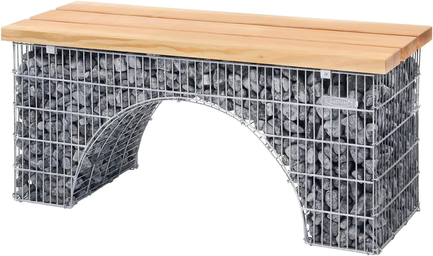 Banc Gabions en Arche ARCO, 125 x 45 x 54 cm, Assise en Bois de Douglas, Gris/Bois Clair – bellissa, 97133, Look Rétro Romantique