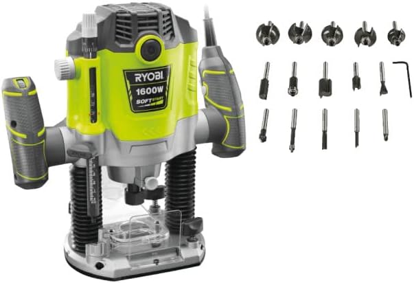 RYOBI RRT1600-K RAKRBS15, Pack RYOBI Défonceuse électrique RRT1600-K, 1600W, Jaune/Gris/Noir, 254mm, Coffret 15 fraises panachées, RAKRBS15