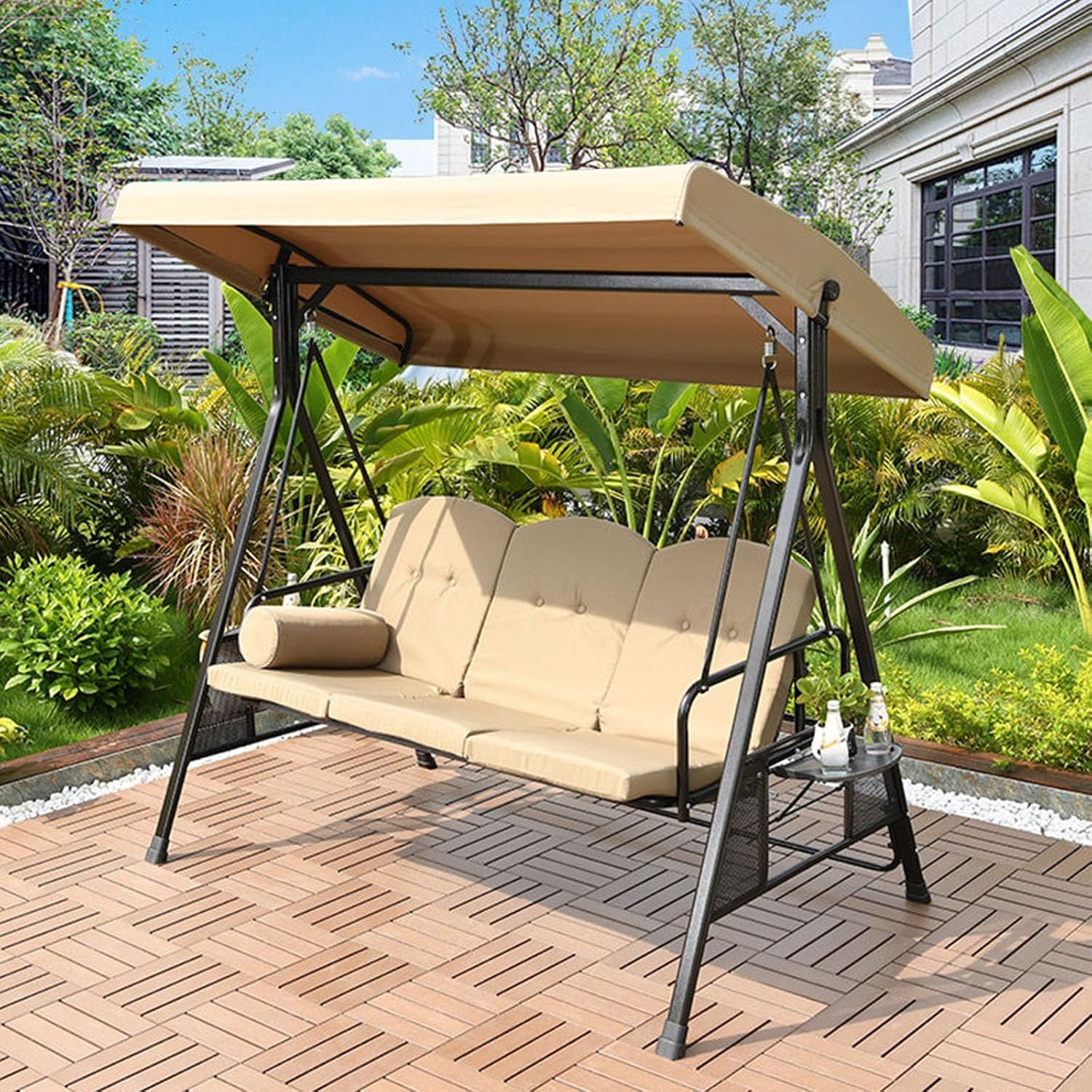 Balancelle de jardin, Balancelle À Bascule avec Tablette Latérale Pliable, Lit À Bascule Convertible pour Jardin – Dexinhdh, Pelouse