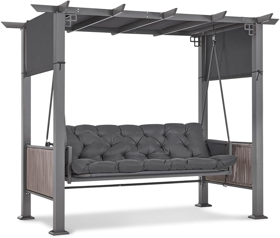 balançoire Hollywood 3 Places avec Fonction lit et pavillon de Jardin, Coussin d'assise Extra épais de 8 cm et Crochets Silencieux 4067 – M MCombo