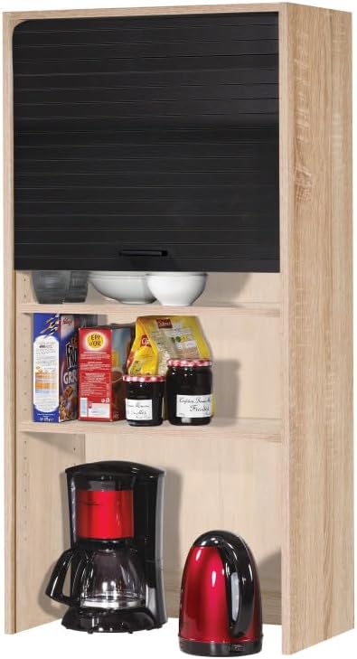 SIMMOB, Rangement suspendus, Meuble Haut de Cuisine Chêne Rideau Noir 4 Niches 60 x 124 x 35 cm, Bois/Noir