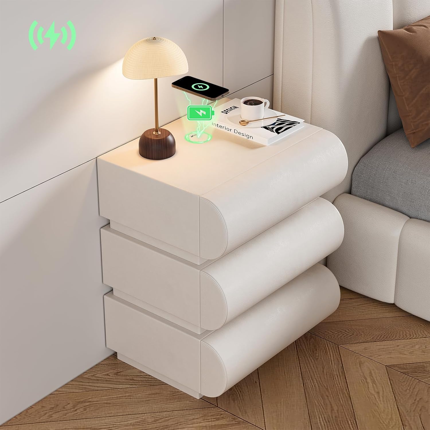 Table de Chevet LED Intelligente Étroite 3 Tiroirs, Chargeur sans Fil USB/Type-C, Petit Meuble de Rangement pour Chambre Adulte
